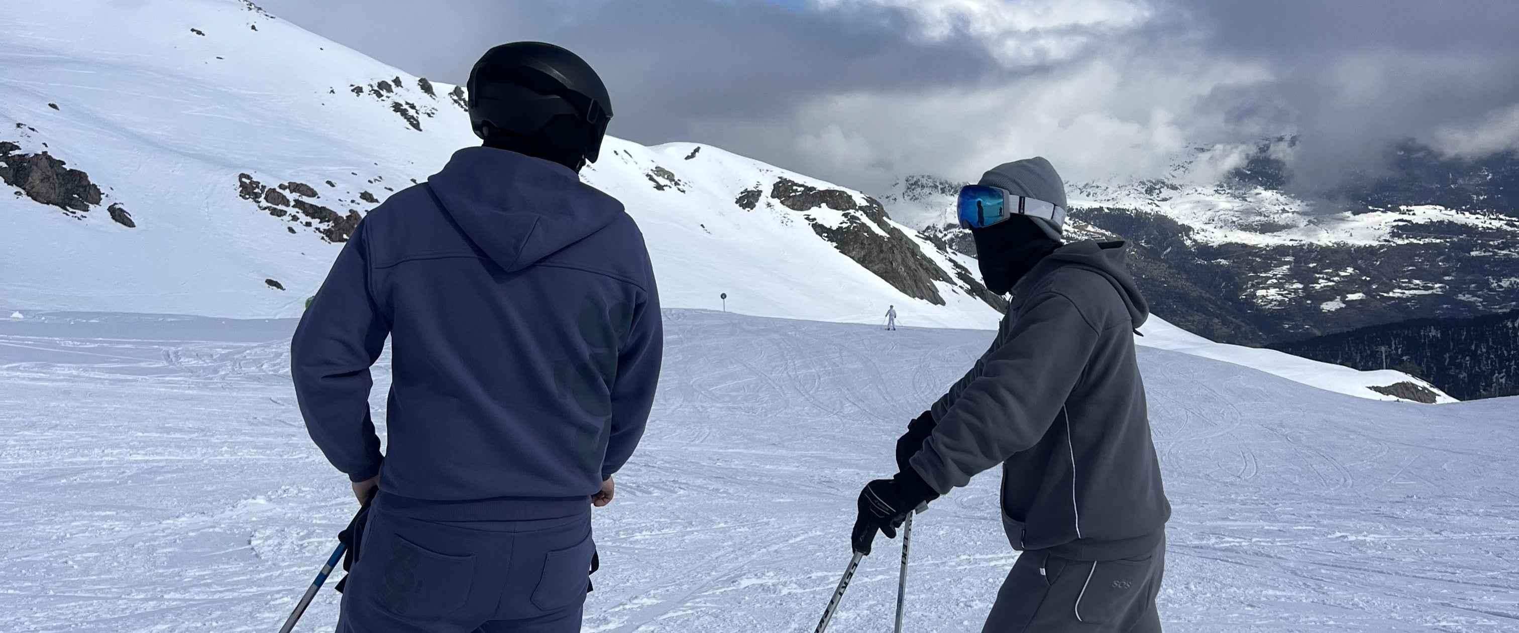 models skiing in streetwear tracksuits